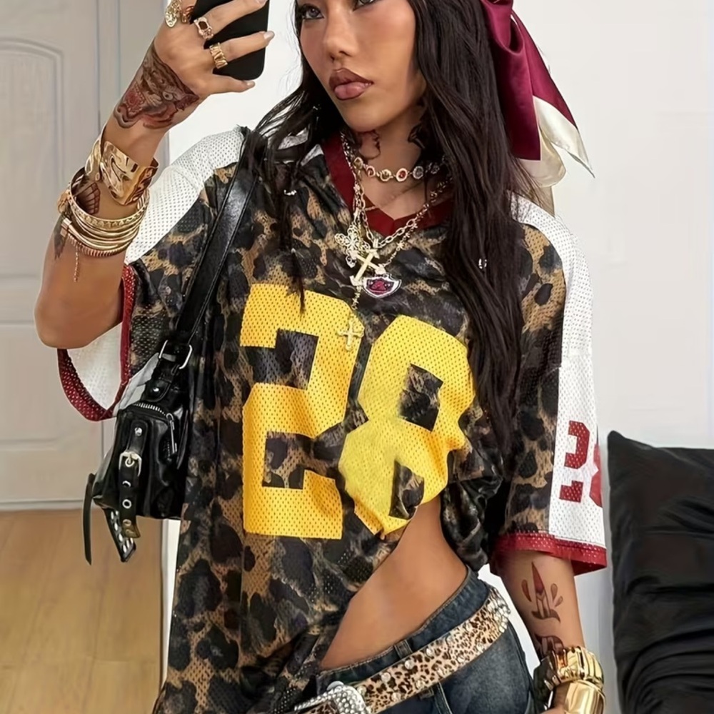 Leopard Print Mesh Jersey Top with Yellow Number - Women - Picture 2 of 6